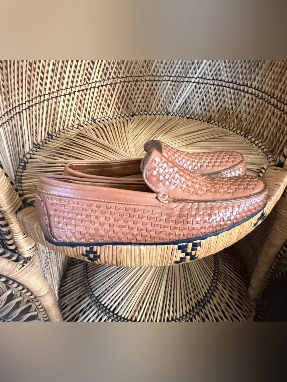 Saks Fifth Avenue Leather Basket Woven Loafer Driving Mocs Shoes Mens 9 Brown